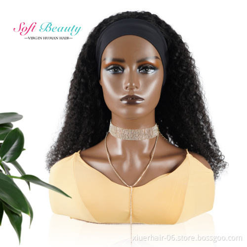 Cuticle Aligned Headband Kinky No Lace machine made Long Human Hair Wig for Black Women